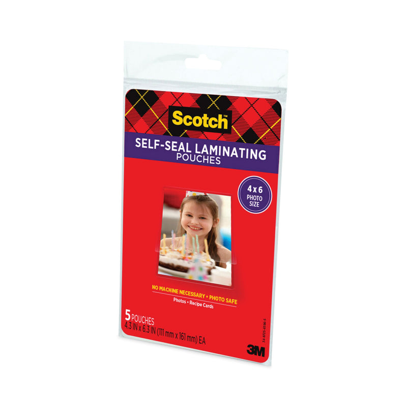 Scotch Self-Sealing Laminating Pouches, 9.5 mil, 4.38" x 6.38", Gloss Clear, 5/Pack