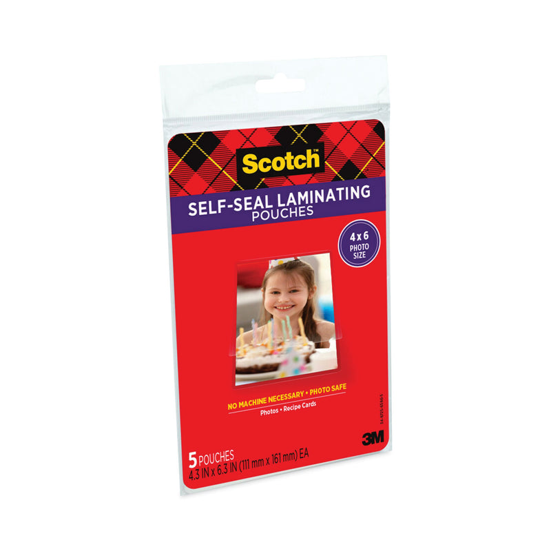 Scotch Self-Sealing Laminating Pouches, 9.5 mil, 4.38" x 6.38", Gloss Clear, 5/Pack