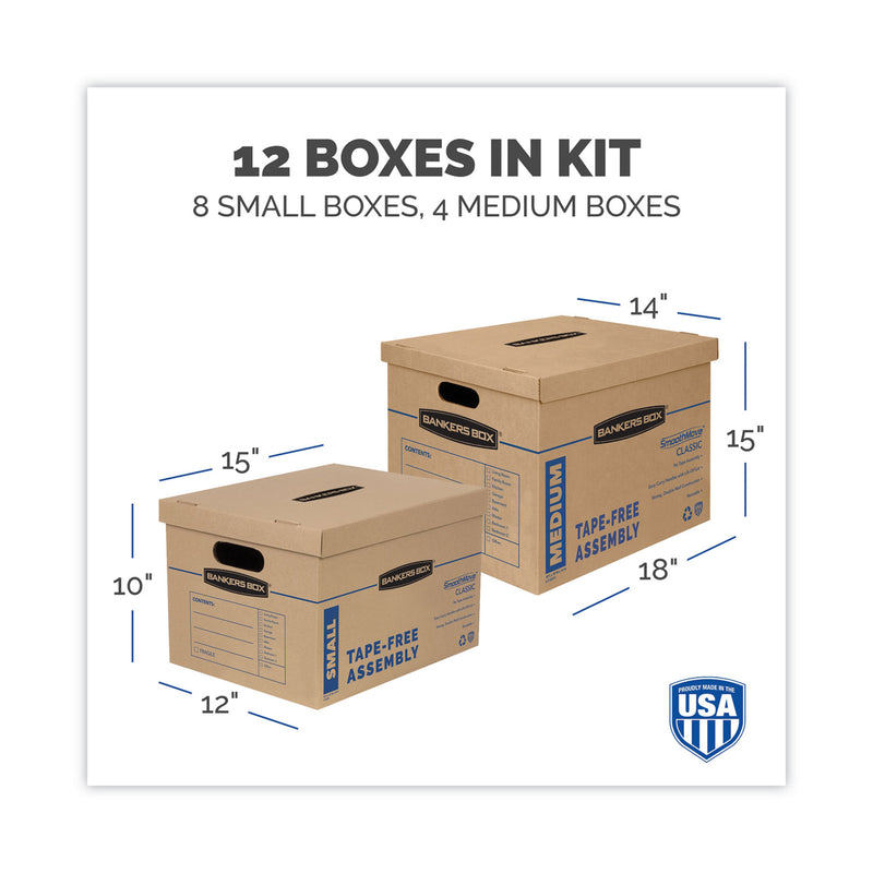 Bankers Box SmoothMove Classic Moving/Storage Box Kit, Half Slotted Container (HSC), Assorted Sizes: (8) Small, (4) Med, Brown/Blue,12/CT