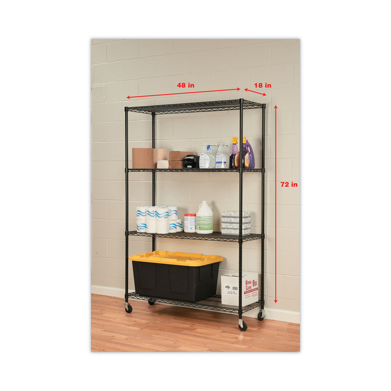 Alera NSF Certified 4-Shelf Wire Shelving Kit with Casters, 48w x 18d x 72h, Black