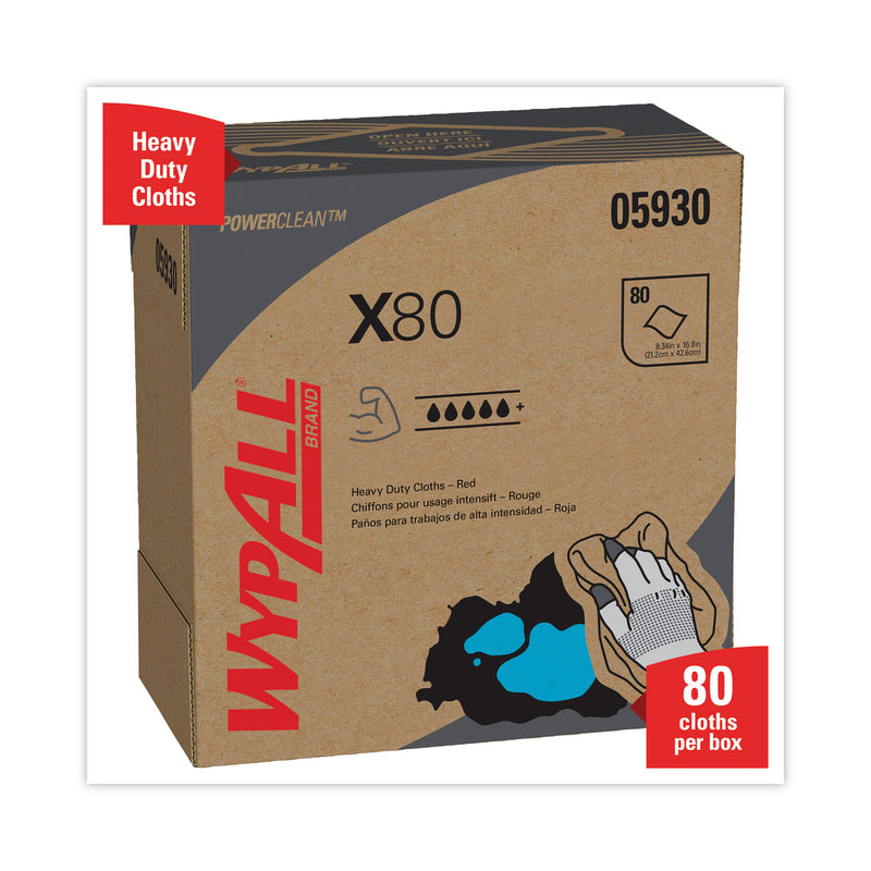 WypAll X80 Cloths, HYDROKNIT, POP-UP Box, 8.34 x 16.8, Red, 80/Box, 5 Box/Carton