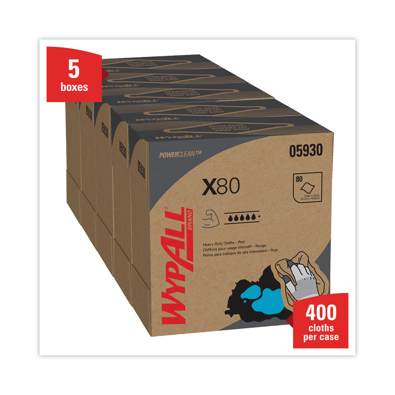 WypAll X80 Cloths, HYDROKNIT, POP-UP Box, 8.34 x 16.8, Red, 80/Box, 5 Box/Carton