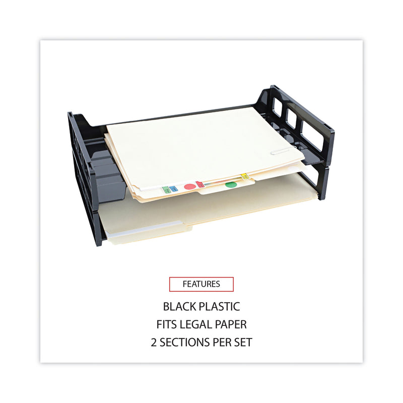 Universal Recycled Plastic Side Load Desk Trays, 2 Sections, Legal Size Files, 16.25" x 9" x 2.75", Black