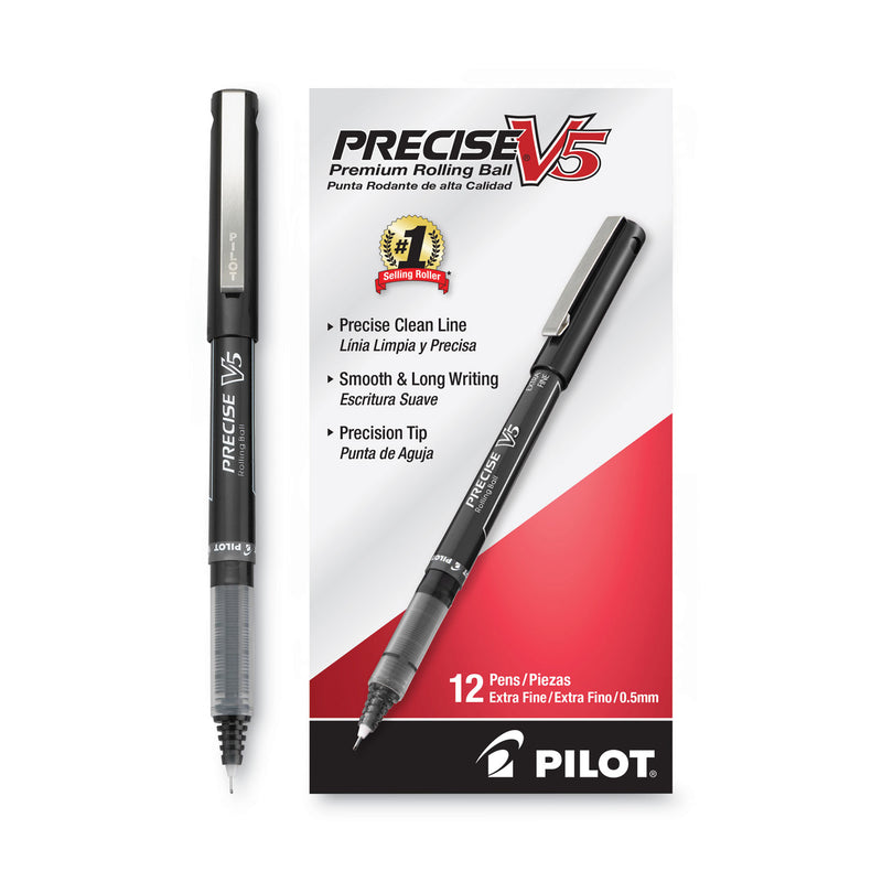 Pilot Precise V5 Roller Ball Pen, Stick, Extra-Fine 0.5 mm, Black Ink, Black Barrel, Dozen