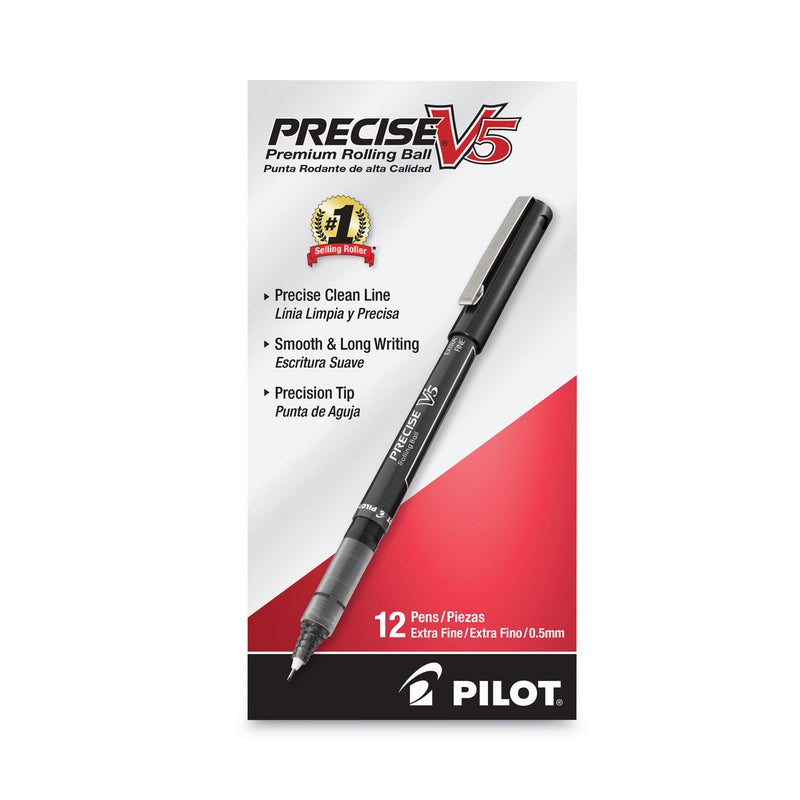 Pilot Precise V5 Roller Ball Pen, Stick, Extra-Fine 0.5 mm, Black Ink, Black Barrel, Dozen