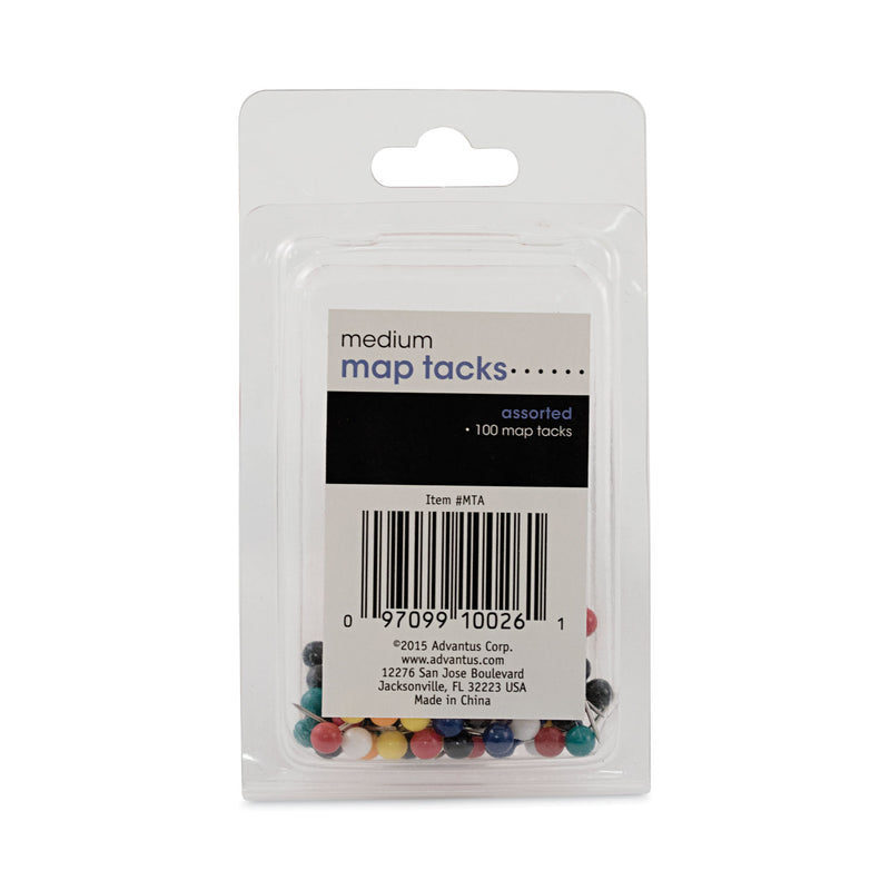 Advantus Map Tacks, Plastic, Assorted, 0.38", 100/Box