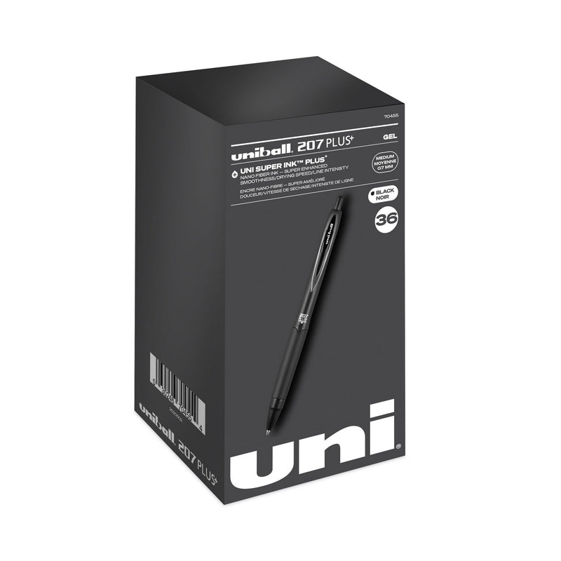 uniball 207 Plus+ Gel Pen, Retractable, Medium 0.7 mm, Black Ink, Black Barrel, 36/Pack