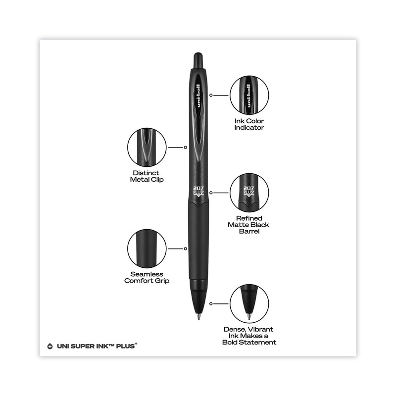 uniball 207 Plus+ Gel Pen, Retractable, Medium 0.7 mm, Black Ink, Black Barrel, 36/Pack