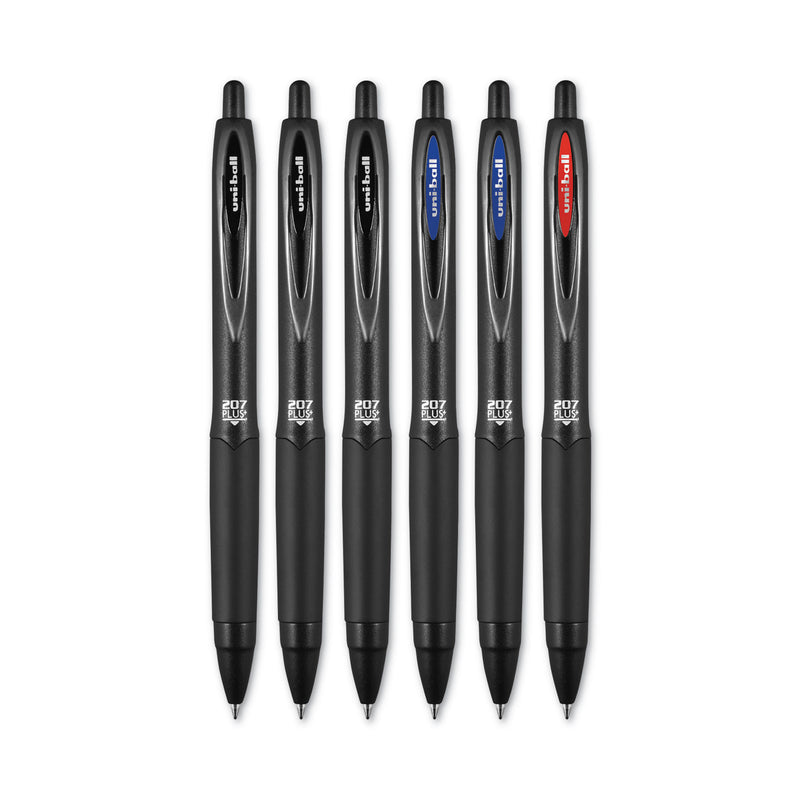 uniball 207 Plus+ Gel Pen, Retractable, Medium 0.7 mm, Assorted Ink Colors, Black Barrel, 6/Pack