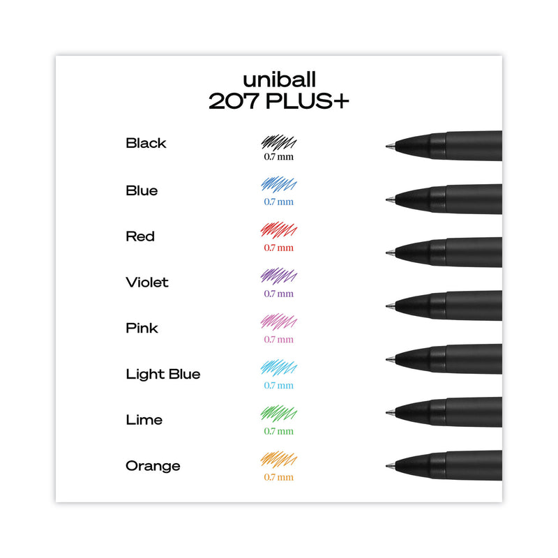 uniball 207 Plus+ Gel Pen, Retractable, Medium 0.7 mm, Assorted Ink Colors, Black Barrel, 6/Pack