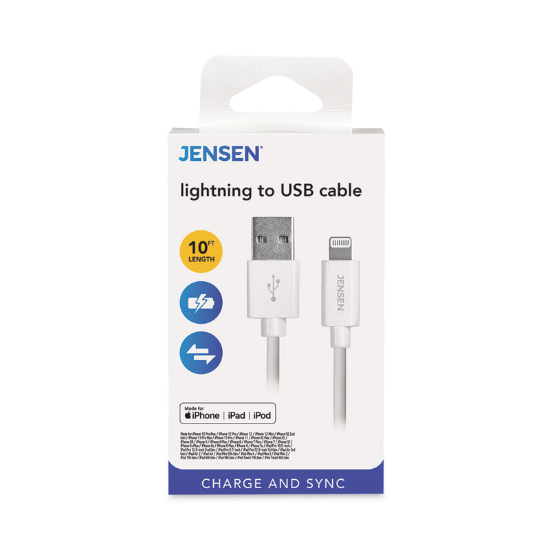 JENSEN Lightning to USB Cable, 10 ft, White