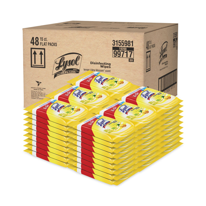 LYSOL Disinfecting Wipes To-Go Flatpack, 6.29 x 7.87, Lemon and Lime Blossom, 15 Wipes/Flat Pack, 48 Flat Packs/Carton