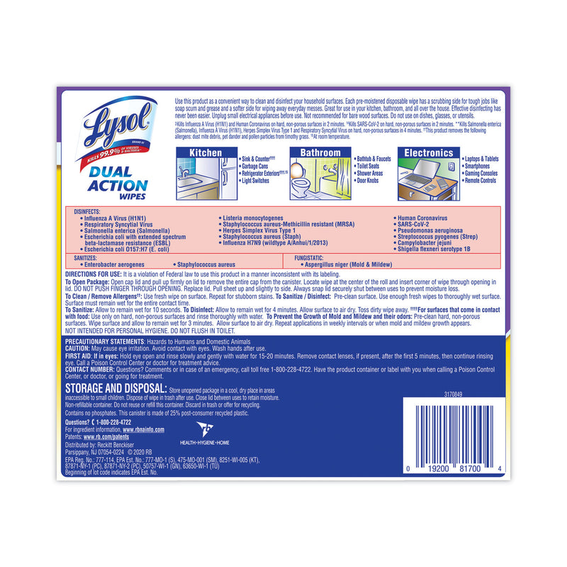 LYSOL Dual Action Disinfecting Wipes, 7 x 7.5, Citrus, White/Purple, 75/Canister