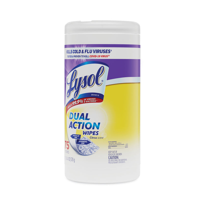 LYSOL Dual Action Disinfecting Wipes, 7 x 7.5, Citrus, White/Purple, 75/Canister