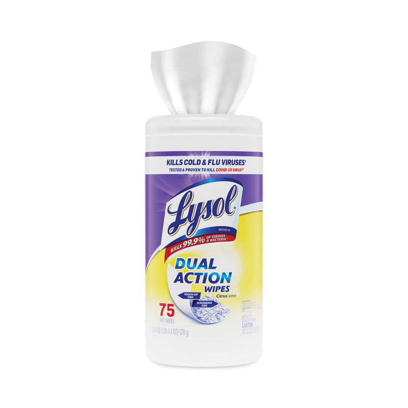 LYSOL Dual Action Disinfecting Wipes, 7 x 7.5, Citrus, White/Purple, 75/Canister