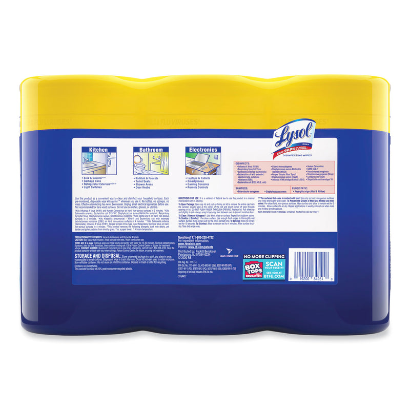 LYSOL Disinfecting Wipes, 7 x 7.25, Lemon and Lime Blossom, 80 Wipes/Canister, 3 Canisters/Pack, 2 Packs/Carton