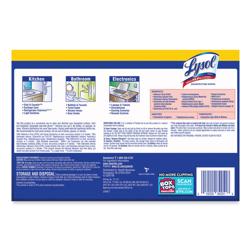 LYSOL Disinfecting Wipes, 7 x 7.25, Lemon and Lime Blossom, 80 Wipes/Canister, 3 Canisters/Pack, 2 Packs/Carton