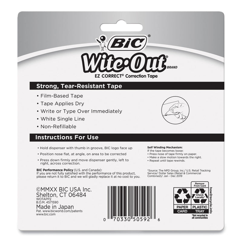 BIC Wite-Out EZ Correct Correction Tape, Non-Refillable, Blue/Orange Applicators, 0.17" x 472", 2/Pack