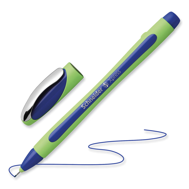 Schneider Xpress Fineliner Porous Point Pen, Stick, Medium 0.8 mm, Blue Ink, Blue/Green Barrel, 10/Box