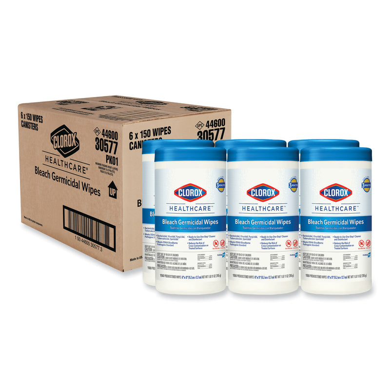 Clorox Bleach Germicidal Wipes, 6 x 5, Unscented, 150/Canister, 6 Canisters/Carton