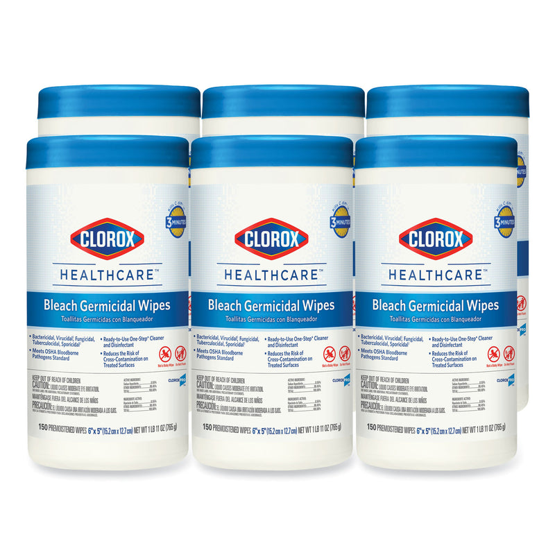 Clorox Bleach Germicidal Wipes, 6 x 5, Unscented, 150/Canister, 6 Canisters/Carton