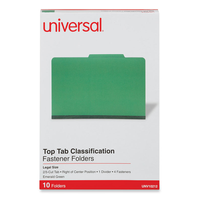 Universal Bright Colored Pressboard Classification Folders, 1 Divider, Legal Size, Emerald Green, 10/Box