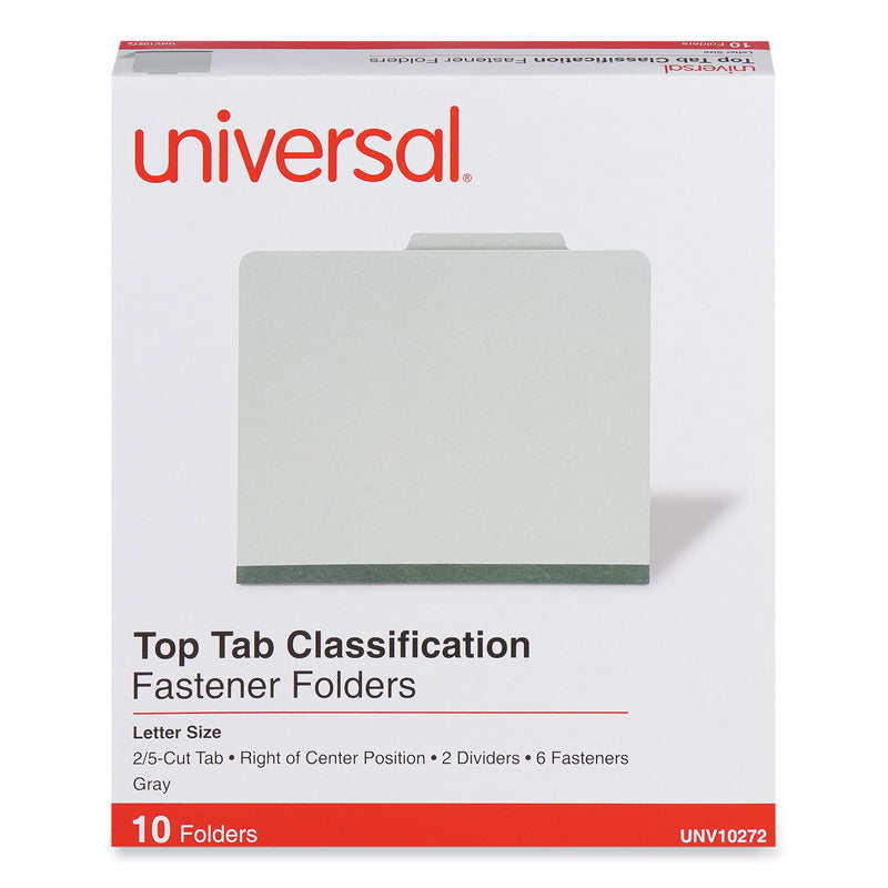 Universal Six--Section Pressboard Classification Folders, 2 Dividers, Letter Size, Gray, 10/Box