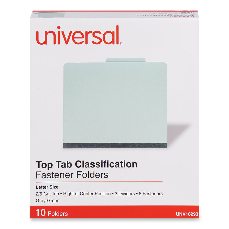 Universal Eight-Section Pressboard Classification Folders, 3 Dividers, Letter Size, Gray-Green, 10/Box