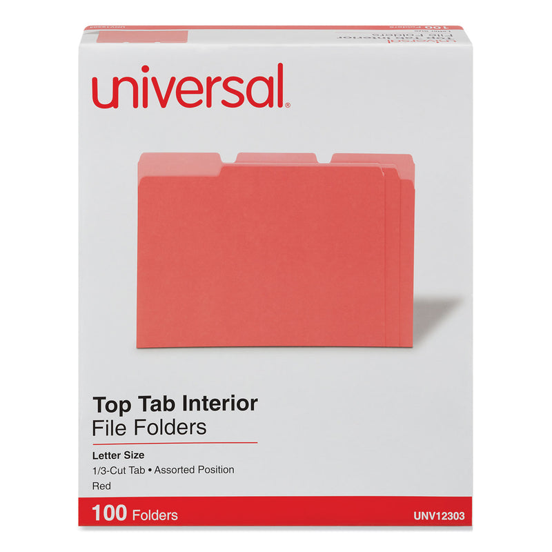 Universal Interior File Folders, 1/3-Cut Tabs: Assorted, Letter Size, 11-pt Stock, Red, 100/Box