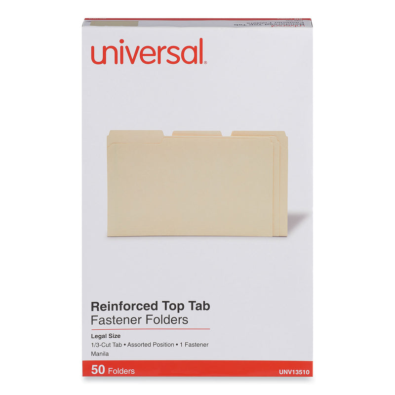 Universal Reinforced Top Tab Fastener Folders, 1 Fastener, Legal Size, Manila Exterior, 50/Box