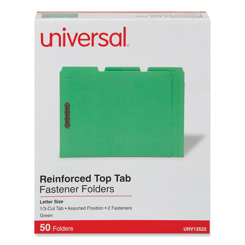 Universal Deluxe Reinforced Top Tab Fastener Folders, 2 Fasteners, Letter Size, Green Exterior, 50/Box