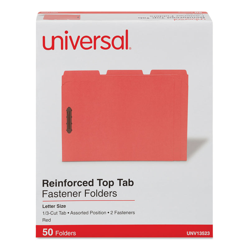 Universal Deluxe Reinforced Top Tab Fastener Folders, 2 Fasteners, Letter Size, Red Exterior, 50/Box