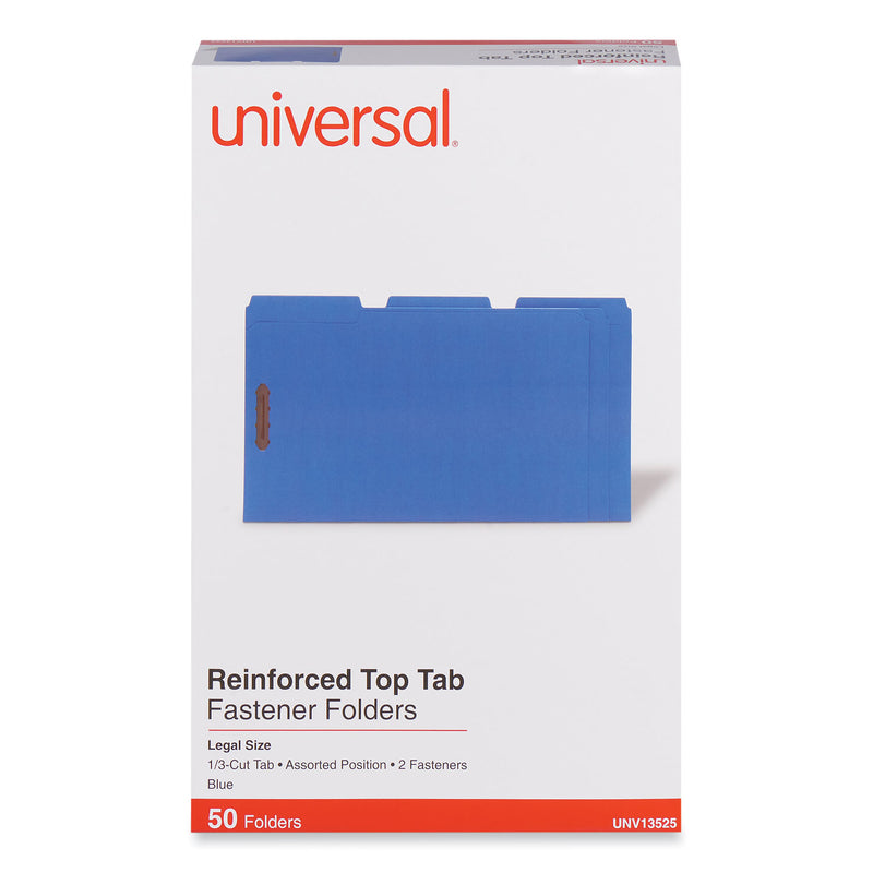 Universal Deluxe Reinforced Top Tab Fastener Folders, 2 Fasteners, Legal Size, Blue Exterior, 50/Box