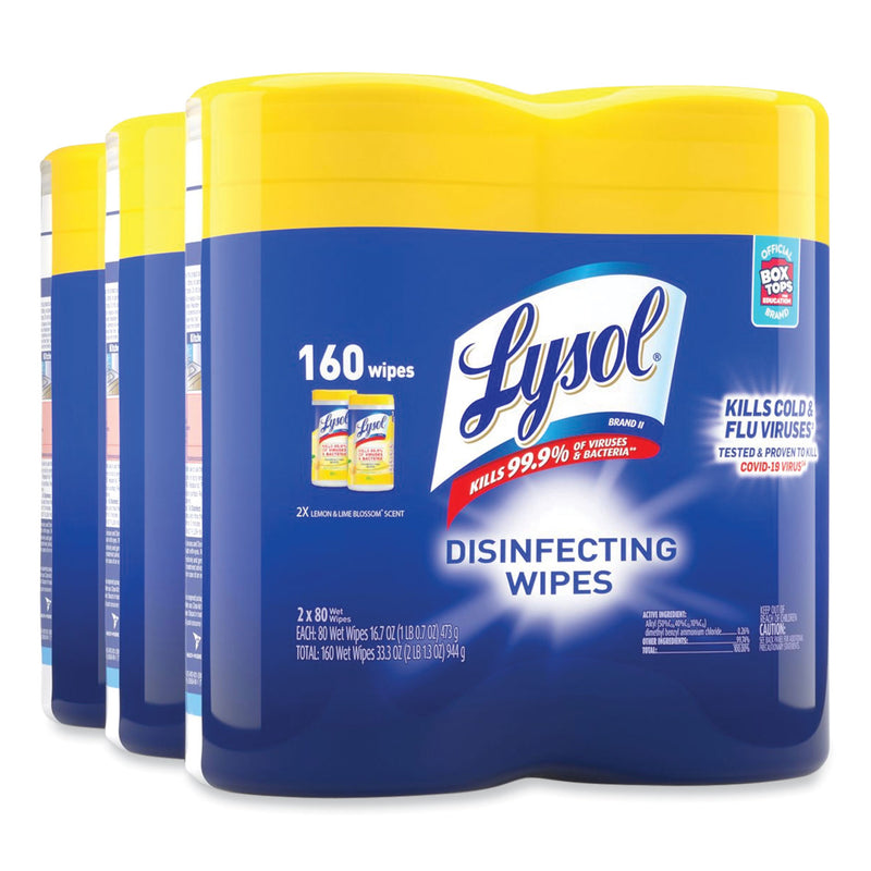 LYSOL Disinfecting Wipes, 7 x 7.25, Lemon and Lime Blossom, 80 Wipes/Canister, 2 Canisters/Pack, 3 Packs/Carton