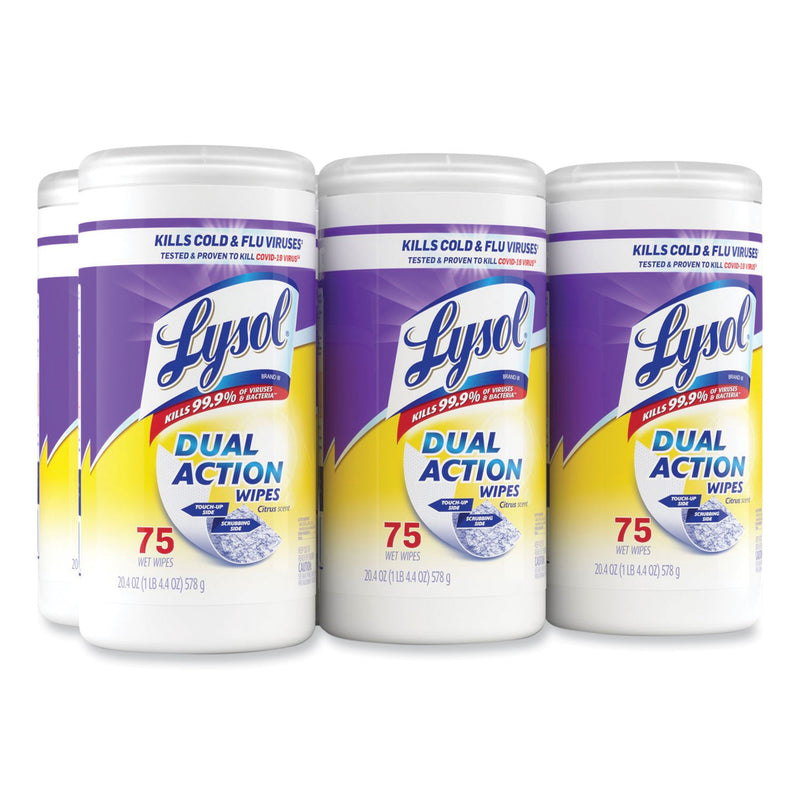 LYSOL Dual Action Disinfecting Wipes, 7 x 7.5, Citrus, White/Purple, 75/Canister