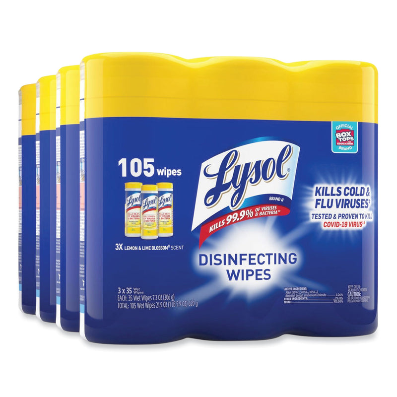 LYSOL Disinfecting Wipes, 7 x 7.25, Lemon and Lime Blossom, 35 Wipes/Canister, 3 Canisters/Pack, 4 Packs/Carton