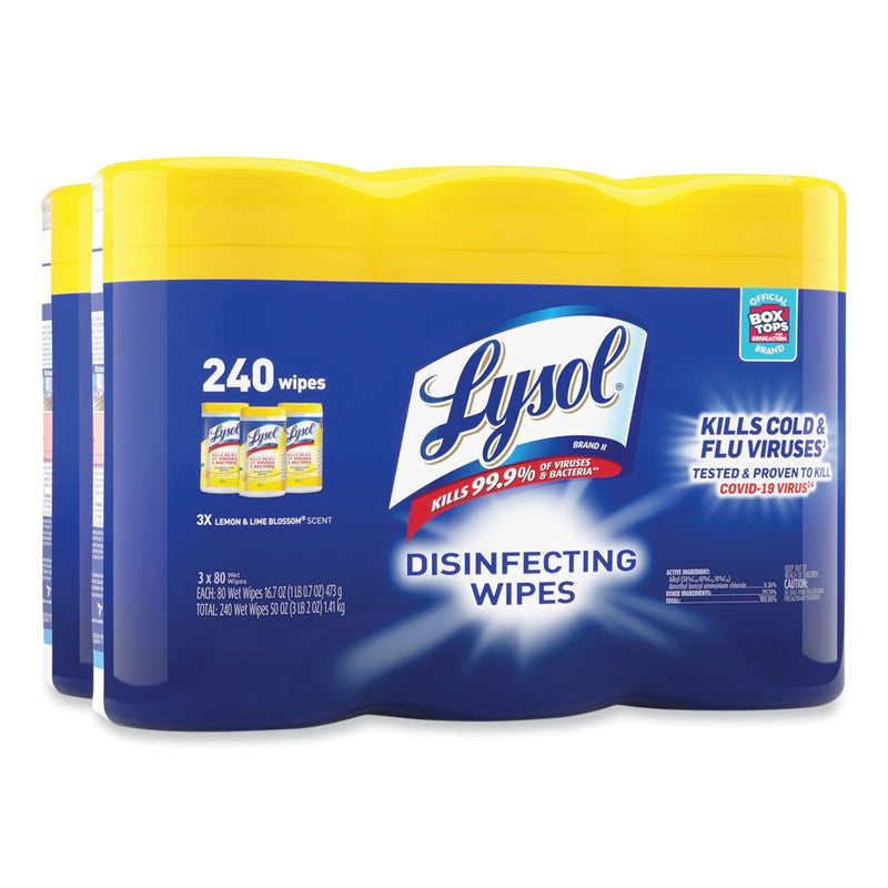 LYSOL Disinfecting Wipes, 7 x 7.25, Lemon and Lime Blossom, 80 Wipes/Canister, 3 Canisters/Pack, 2 Packs/Carton