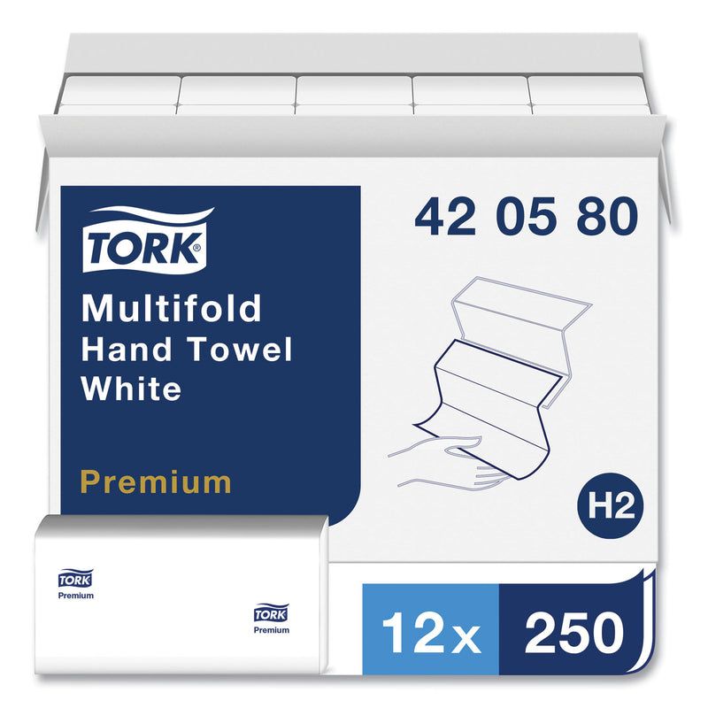 Tork Premium Multifold Towel, 1-Ply, 9 x 9.5, White, 250/Pack, 12 Packs/Carton