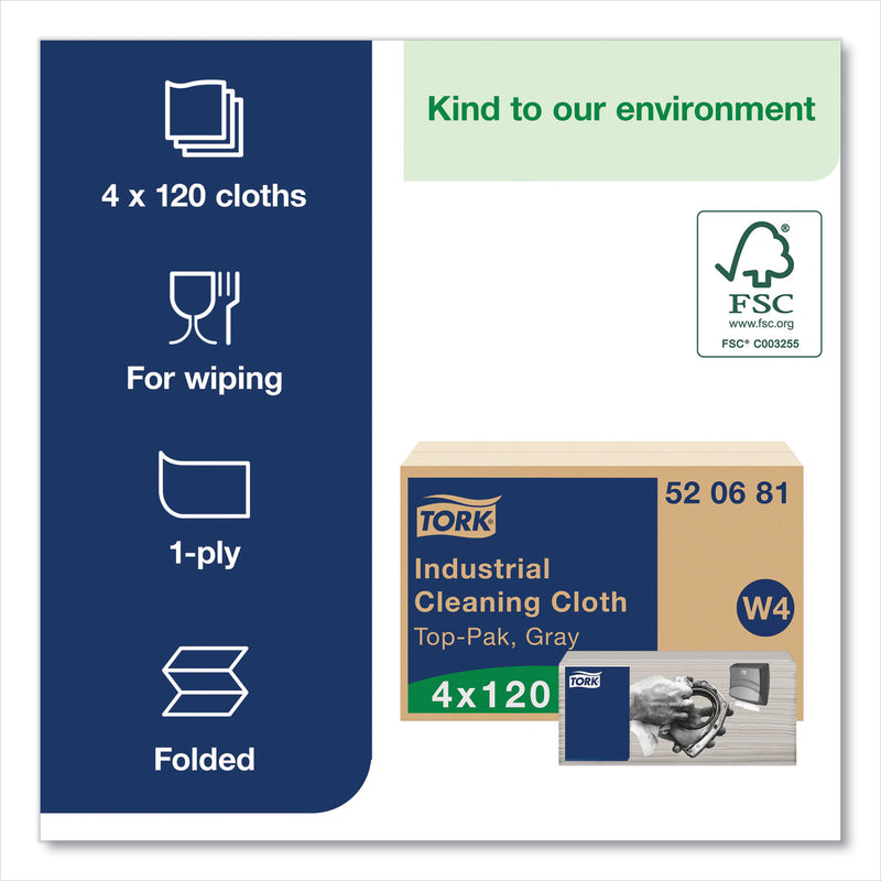 Tork Industrial Cleaning Cloths, 1-Ply, 16.34 x 14, Gray, 120 Wipes/Pack, 4 Packs/Carton