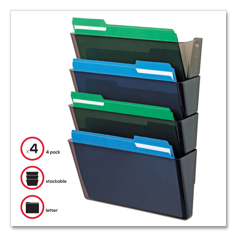 deflecto DocuPocket Stackable Four-Pocket Wall File, 4 Sections, Letter Size, 13" x 4", Smoke