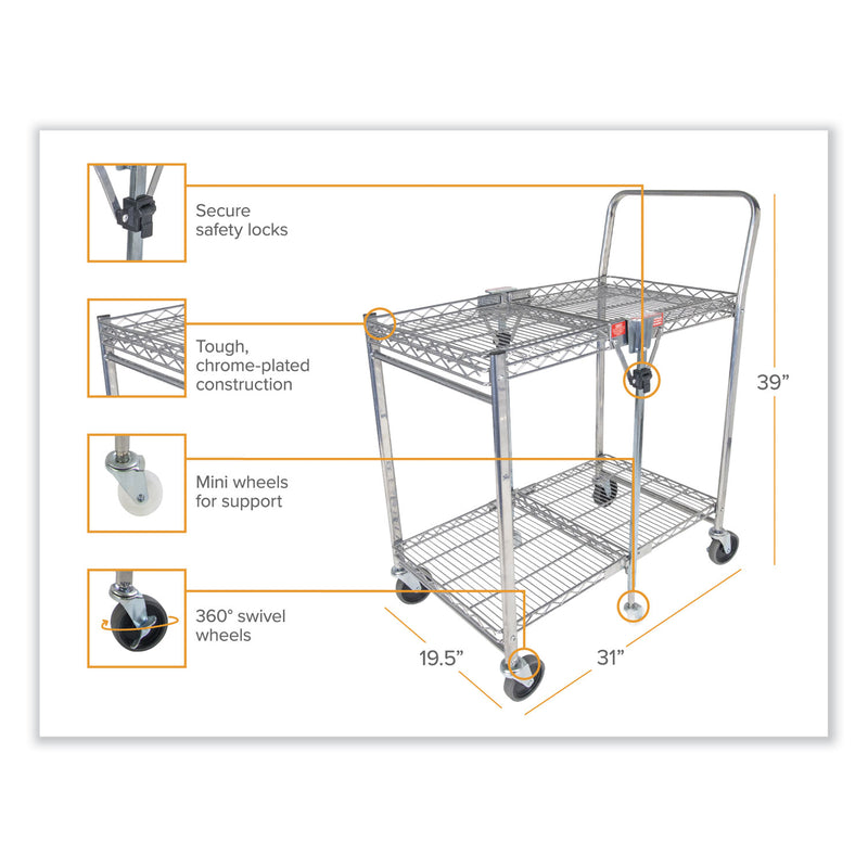 Bostitch Stowaway Folding Carts, Metal, 2 Shelves, 250 lb Capacity, 29.63" x 37.25" x 18", Chrome