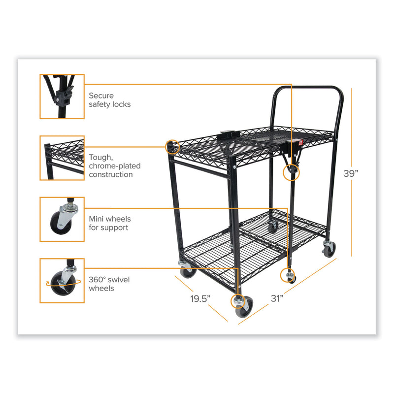 Bostitch Stowaway Folding Carts, Metal, 2 Shelves, 250 lb Capacity, 29.63" x 37.25" x 18", Black