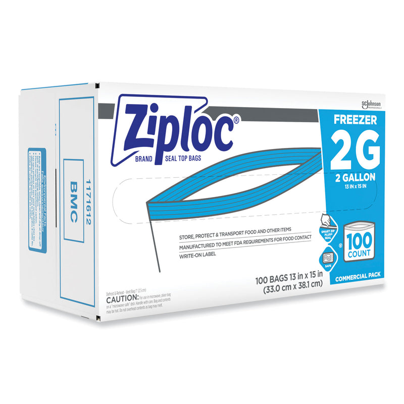 Ziploc Double Zipper Freezer Bags, 2 gal, 2.7 mil, 13" x 15.5", Clear, 100/Carton