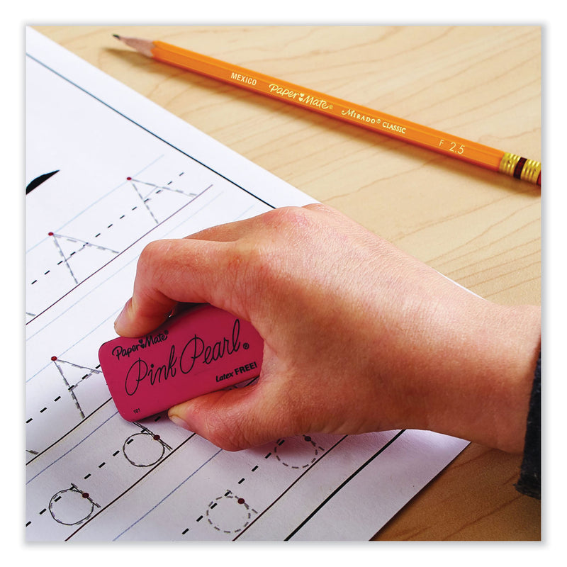 Paper Mate Pink Pearl Eraser, For Pencil Marks, Rectangular Block, Large, Pink, 12/Box