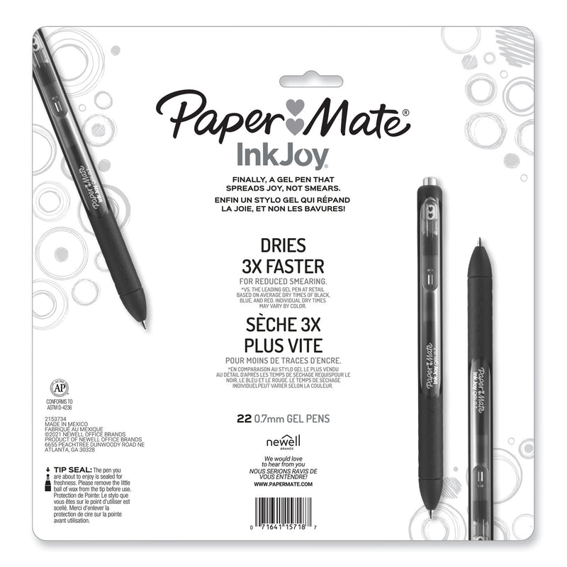 Paper Mate InkJoy Gel Pen, Retractable, Medium 0.7 mm, Assorted Ink and Barrel Colors, 22/Pack