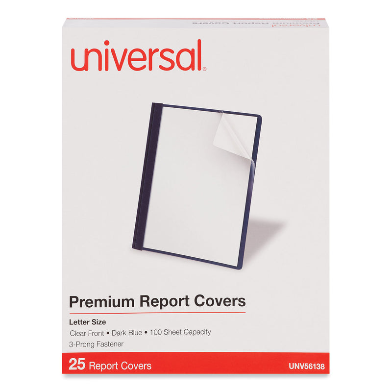 Universal Clear Front Report Covers with Fasteners, Three-Prong Fastener, 0.5" Capacity,  8.5 x 11, Clear/Dark Blue, 25/Box