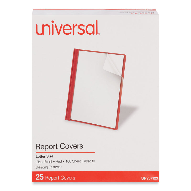 Universal Clear Front Report Cover, Prong Fastener, 0.5" Capacity, 8.5 x 11, Clear/Red, 25/Box