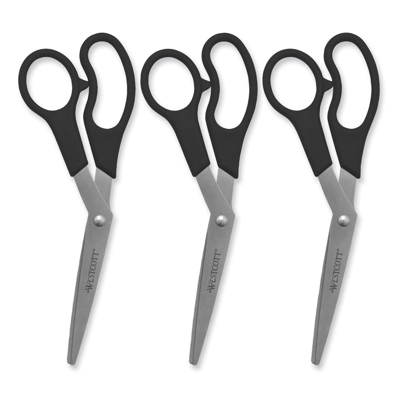 Westcott Value Line Stainless Steel Shears, 8" Long, 3.5" Cut Length, Black Offset Handles, 3/Pack