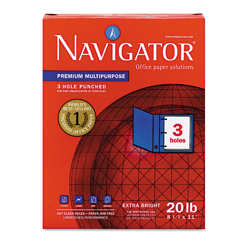 Navigator Premium Multipurpose Copy Paper, 97 Bright, 3-Hole, 20 lb Bond Weight, 8.5 x 11, White, 500 Sheets/Ream, 10 Reams/Carton