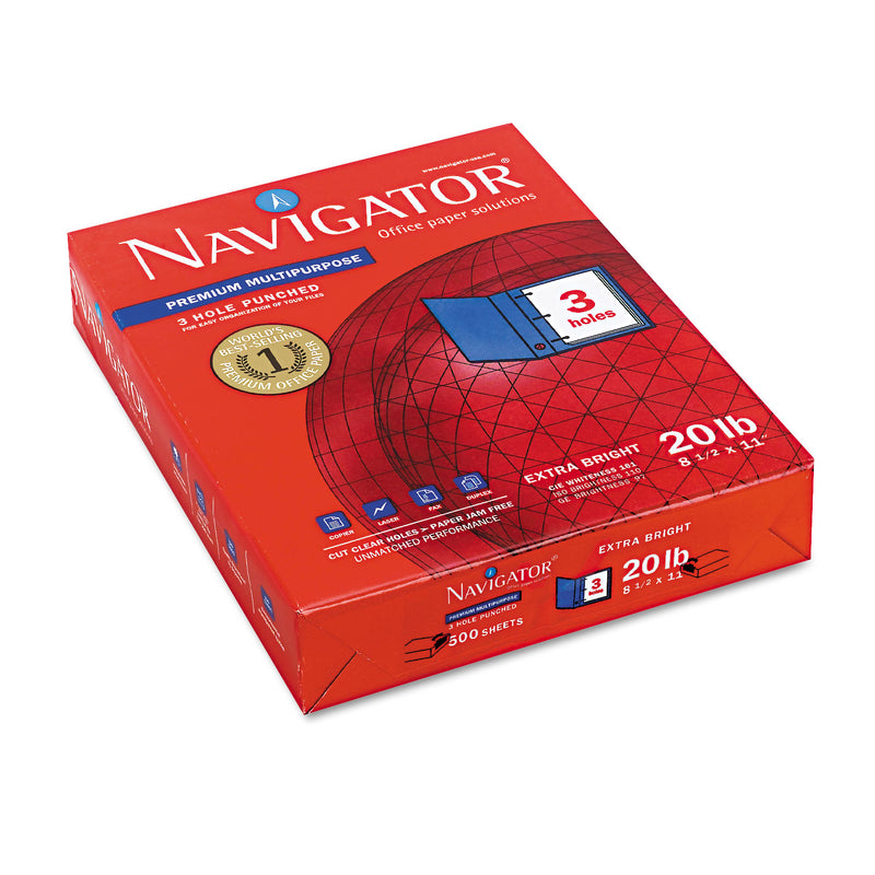 Navigator Premium Multipurpose Copy Paper, 97 Bright, 3-Hole, 20 lb Bond Weight, 8.5 x 11, White, 500 Sheets/Ream, 10 Reams/Carton